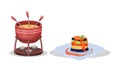 French Cuisine Dishes with Melted Cheese in Fondue and Ratatouille Served on Plate Vector Set