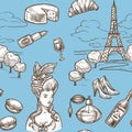 French culture symbols and historical hand drawn icons seamless pattern