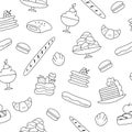 French dessert black and white vector seamless pattern. Repeat line background with baguette, croissant, eclair, cookie, cakes.