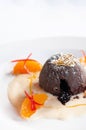 French dessert. Chocolate fondant lava cake with vanilla sauce,