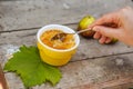French dessert creme brulee in porcelain bowl on Royalty Free Stock Photo