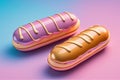 French dessert eclairs with icing. Sweet homemade cake. Colored background. Generative AI