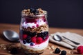 French Dessert - Parfait with Granola and Berries. Closeup view