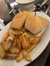 French dip with au jus, French fries, pickle