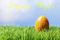 French easter greeting text; Yellow easter egg in grass Royalty Free Stock Photo