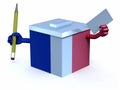 French election ballot box with arms, pencil and envelope on han