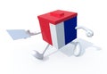 French election ballot box whit arms, legs and envelope on hand