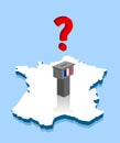 French election results with question mark and voting ballot over France map