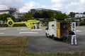 Ambulance and helicopter from Samu des Pays de la Loire on the heliport of the Bretagne Atlantique hospital center in Vannes