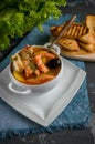 French fish soup Bouillabaisse with seafood, salmon fillet, shrimp, rich flavor, delicious dinner in a white beautiful plate. Royalty Free Stock Photo