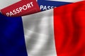 French flag background and passport of France. Citizenship, official legal immigration, visa, business and travel concept