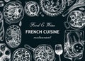 French food frame design on chalkboard. Vintage food and wine sketches. Restaurant menu template. France background. Hand-drawn