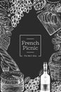 French food illustration design template. Hand drawn vector picnic meal illustrations on chalk board. Engraved style different Royalty Free Stock Photo