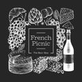 French food illustration design template. Hand drawn vector picnic meal illustrations on chalk board. Engraved style different Royalty Free Stock Photo
