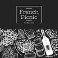 French food illustration design template. Hand drawn vector picnic meal illustrations on chalk board. Engraved style different Royalty Free Stock Photo