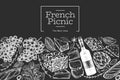 French food illustration design template. Hand drawn vector picnic meal illustrations on chalk board. Engraved style different Royalty Free Stock Photo