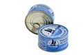 Cans of Petit Navire brand natural tuna close-up on white background Royalty Free Stock Photo