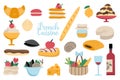 French food vector set. Collection with baguette, croissant, wine, eclair, cookie, cakes. Cute bakery of France icons with cheese Royalty Free Stock Photo