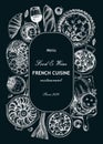 French food wreath design on chalkboard. Vintage food and wine sketches. European restaurant menu template. France background.