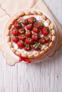 French Fresh Strawberry charlotte cake. vertical top view