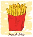 French fried potato in red pack box. Fast food, junk. Cartoon vector illustration banner for menu Royalty Free Stock Photo