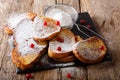 French fried toast with sugar powder and berries close-up. horizontal