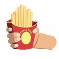 Hand Holding French Fries. Potato Snack Fast Food Menu Symbol Object in Illustration Vector