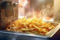 French fries in the air fryer. Close-up photography of unhealthy food, cooking fastfood with potatoes. Generative AI