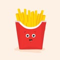 French fries in box with cute funny face. Fried potato sticks in pack with eyes and mouth. Happy chips character smiling