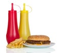 French fries, burger and souses Royalty Free Stock Photo