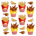 French fries and chicken wings Vector realistic. Fast food patterns