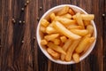 French fries chips potato on wooden background. top view Royalty Free Stock Photo