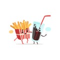 French fries and cola glass with blank speech bubbles. Funny fast food and drink concept. Friends conversation. Isolated
