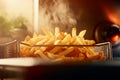 French fries cooked in air fryer in the kitchen at home, fast food, close-up photography of unhealthy diet. Generative AI