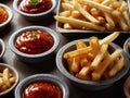 French fries in cubes with ketchup. Side view close-up Royalty Free Stock Photo