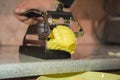 French Fries Cutting machine, manual potato cutter slicer. The process of cooking french fries Royalty Free Stock Photo