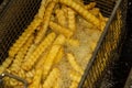 French fries in a deep fryer closeup. Background Royalty Free Stock Photo