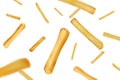French fries, falling tasty potatoes. Stick snacks from cafe, realistic 3d fast food, yellow american package background