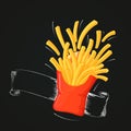 Flying french fries with outline and blank ribbon drawn with chalk.