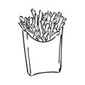 French fries flying to paper box. Sketch style hand drawn illustration. Fried potato. Fast food retro artwork. Vector Royalty Free Stock Photo