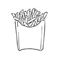 French fries flying to paper box. Sketch style hand drawn illustration. Fried potato. Fast food retro artwork. Vector Royalty Free Stock Photo