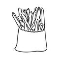 French fries flying to paper box. Sketch style hand drawn illustration. Fried potato. Fast food retro artwork. Vector Royalty Free Stock Photo