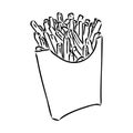 French fries flying to paper box. Sketch style hand drawn illustration. Fried potato. Fast food retro artwork. Vector Royalty Free Stock Photo