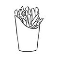 French fries flying to paper box. Sketch style hand drawn illustration. Fried potato. Fast food retro artwork. Vector Royalty Free Stock Photo