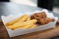 French fries and fried chicken in white paper plate with ketchup and chili sauce in plastic cups