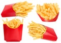 French fries or fried potatoes in a red carton box isolated on white background with full depth of field