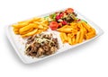 French fries, goulash, macaroni and vegetables