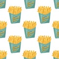 French fries in green paper box background. Fastfood vector seamless pattern.