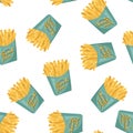 French fries in green paper box background. Fastfood vector seamless pattern.