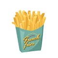 French fries in green paper box. Fastfood vector illustration. Fried potato ready to eat.